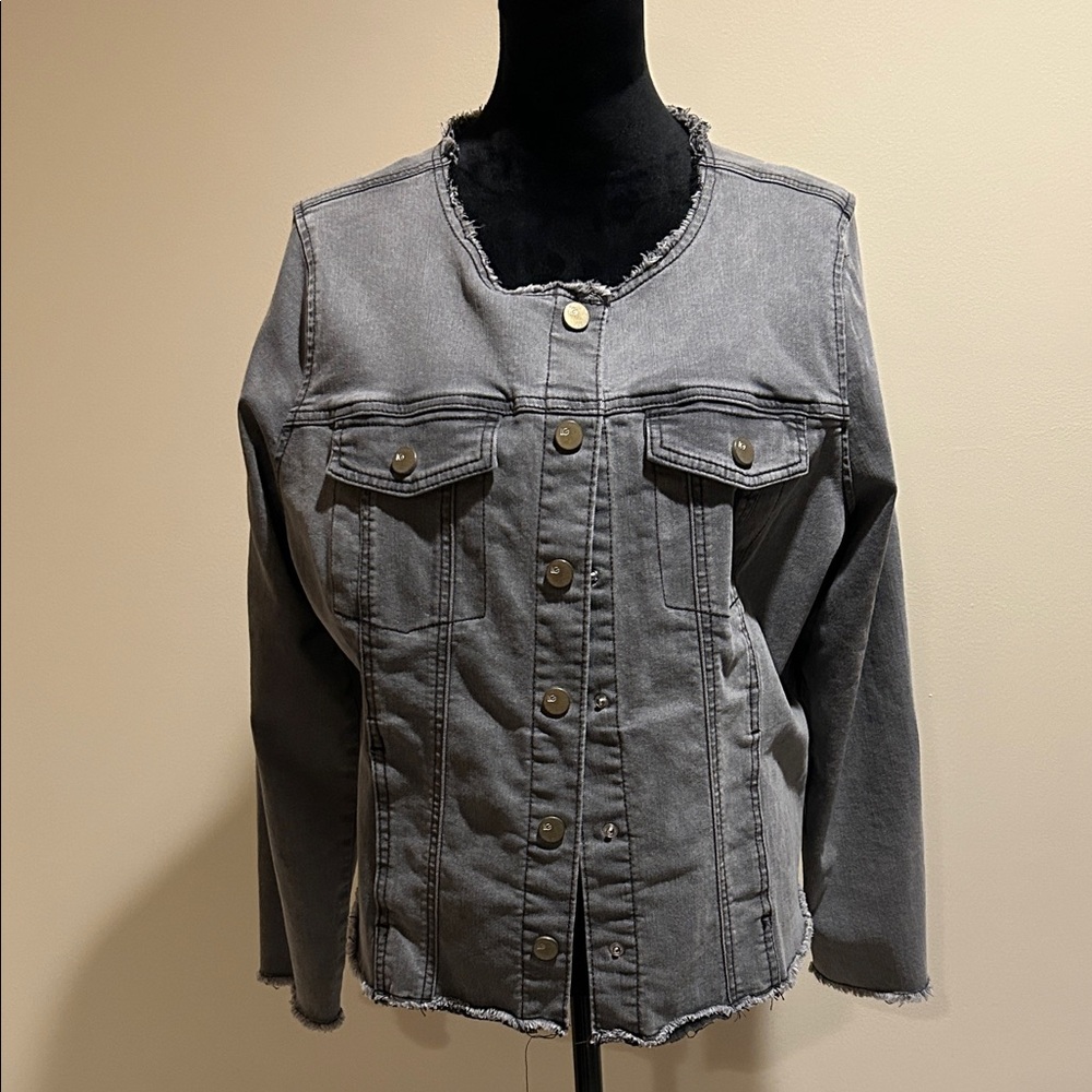 Women's Washed Gray Denim Jacket with Raw Hem